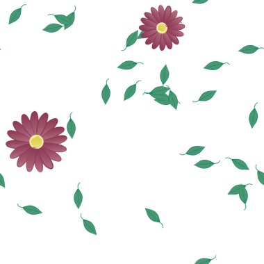 Basit renkli çiçekleri ve arka planda yeşil yaprakları olan güzel kompozisyon, vektör illüstrasyonu