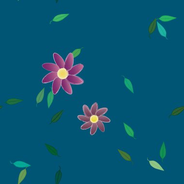 Serbest kompozisyonda yeşil yapraklı basit çiçekler, vektör illüstrasyonu