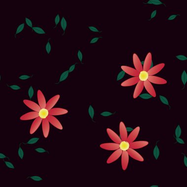 Serbest kompozisyonda yeşil yapraklı basit çiçekler, vektör illüstrasyonu