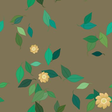 Serbest kompozisyonda yeşil yapraklı basit çiçekler, vektör illüstrasyonu