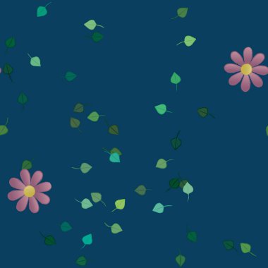 Basit renkli çiçekleri ve arka planda yeşil yaprakları olan güzel kompozisyon, vektör illüstrasyonu