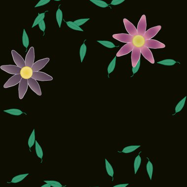 Basit renkli çiçekleri ve siyah arkaplanda yeşil yaprakları olan güzel kompozisyon, vektör illüstrasyonu 