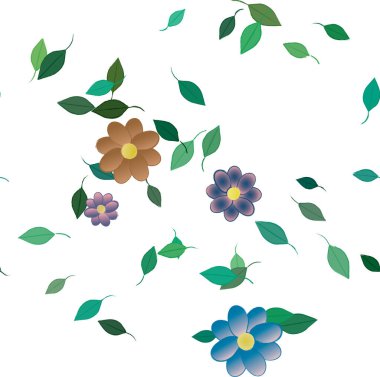 Basit renkli çiçekleri ve arka planda yeşil yaprakları olan güzel kompozisyon, vektör illüstrasyonu