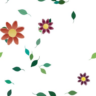 basit renkli çiçekleri olan serbest kompozisyon ve duvar kağıdı için yeşil yapraklar, vektör illüstrasyonu