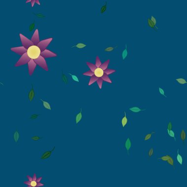 arkaplanda renkli çiçekler ve yeşil yapraklar, vektör illüstrasyonu