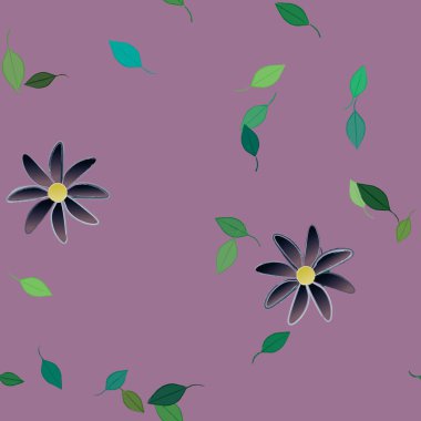 basit renkli çiçekleri olan serbest kompozisyon ve duvar kağıdı için yeşil yapraklar, vektör illüstrasyonu