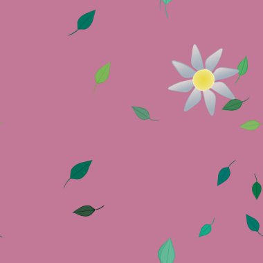 basit renkli çiçekleri olan serbest kompozisyon ve duvar kağıdı için yeşil yapraklar, vektör illüstrasyonu