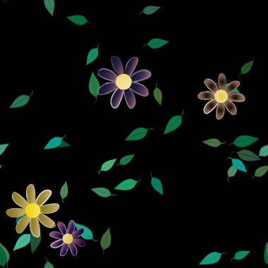 basit renkli çiçekleri olan serbest kompozisyon ve duvar kağıdı için yeşil yapraklar, vektör illüstrasyonu