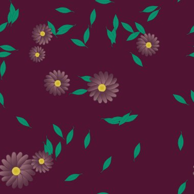 Basit renkli çiçekleri ve arka planda yeşil yaprakları olan güzel kompozisyon, vektör illüstrasyonu