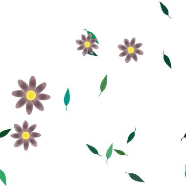 arkaplanda renkli çiçekler ve yeşil yapraklar, vektör illüstrasyonu