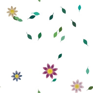 basit renkli çiçekleri olan serbest kompozisyon ve duvar kağıdı için yeşil yapraklar, vektör illüstrasyonu
