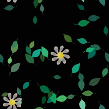 Serbest kompozisyonda yeşil yapraklı basit çiçekler, vektör illüstrasyonu