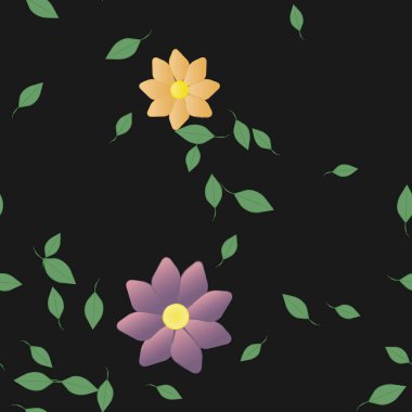 Basit renkli çiçekleri ve arka planda yeşil yaprakları olan güzel kompozisyon, vektör illüstrasyonu