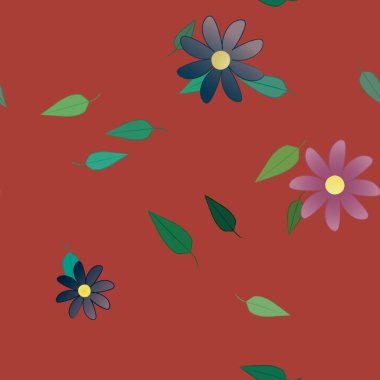 Serbest kompozisyonda yeşil yapraklı basit çiçekler, vektör illüstrasyonu