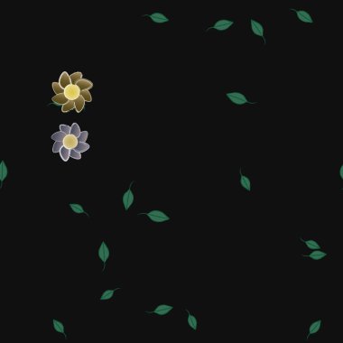 basit renkli çiçekleri olan serbest kompozisyon ve duvar kağıdı için yeşil yapraklar, vektör illüstrasyonu