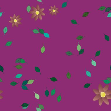 Serbest kompozisyonda yeşil yapraklı basit çiçekler, vektör illüstrasyonu