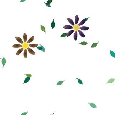 basit renkli çiçekleri olan serbest kompozisyon ve duvar kağıdı için yeşil yapraklar, vektör illüstrasyonu