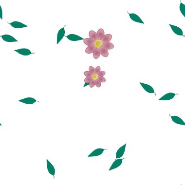 Basit renkli çiçekleri ve arka planda yeşil yaprakları olan güzel kompozisyon, vektör illüstrasyonu