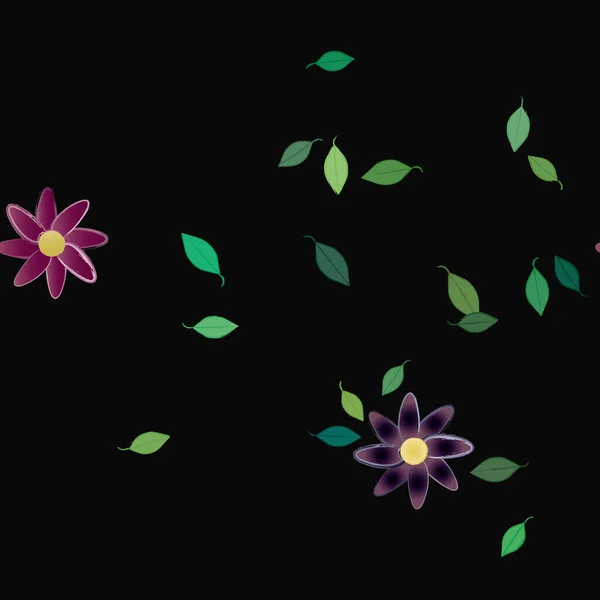 Plantilla Vector Con Flores Coloridas Simples Hojas Verdes — Archivo Imágenes Vectoriales