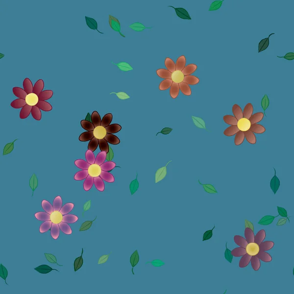 Modèle Vectoriel Avec Des Fleurs Colorées Simples Des Feuilles Vertes — Image vectorielle