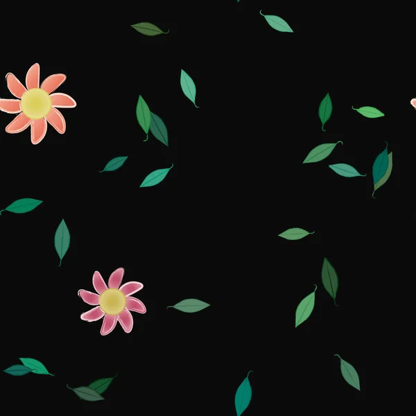 Krásná Kompozice Jednoduchými Barevnými Květy Zelené Listy Černém Pozadí Vektorové — Stockový vektor