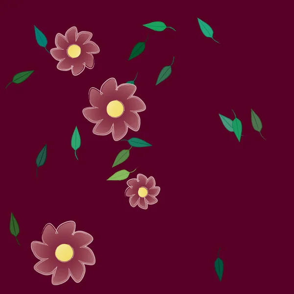 Modèle Vectoriel Avec Des Fleurs Colorées Simples Des Feuilles Vertes — Image vectorielle