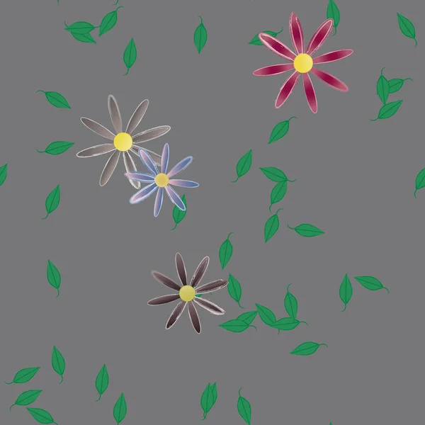 Красивая Композиция Простыми Цветными Цветами Зелеными Листьями Сером Фоне Векторная — стоковый вектор