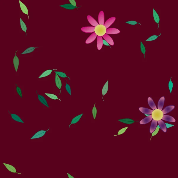 Mooie Compositie Met Eenvoudige Gekleurde Bloemen Groene Bladeren Achtergrond Vector — Stockvector