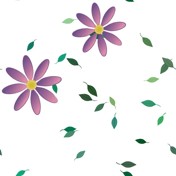 Mooie Compositie Met Eenvoudige Gekleurde Bloemen Groene Bladeren Witte Achtergrond — Stockvector
