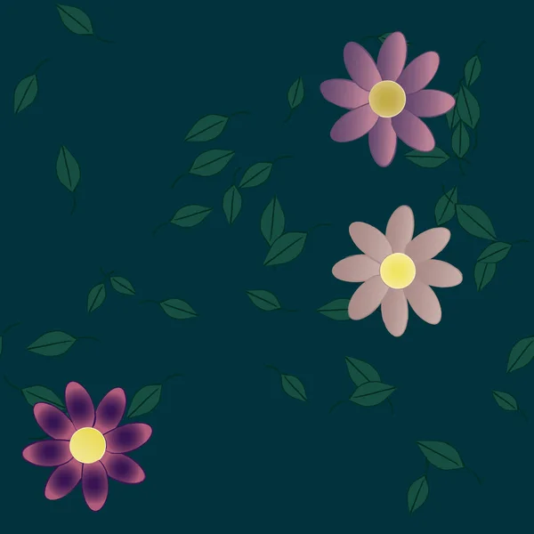 Vectorsjabloon Met Eenvoudige Kleurrijke Bloemen Groene Bladeren — Stockvector