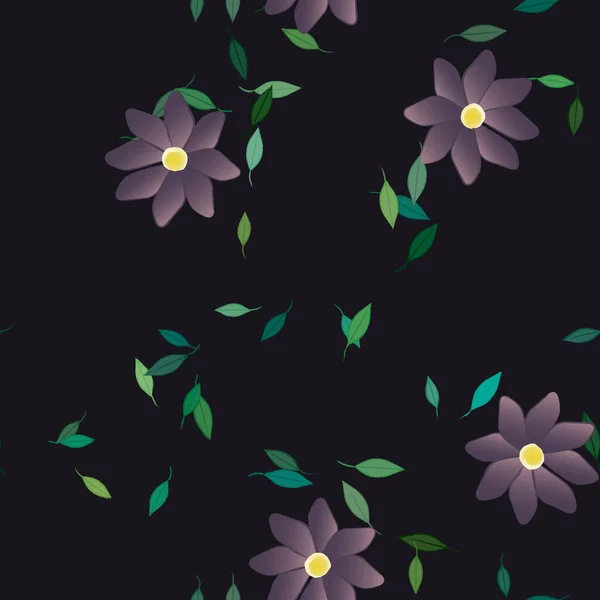 Composição Bonita Com Flores Coloridas Simples Folhas Verdes Fundo Preto — Vetor de Stock