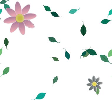 Serbest kompozisyonda yeşil yapraklı basit çiçekler, vektör illüstrasyonu