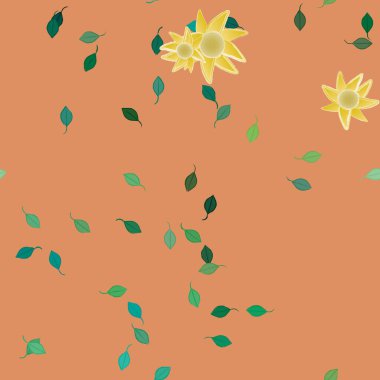 Basit renkli çiçekleri ve arka planda yeşil yaprakları olan güzel kompozisyon, vektör illüstrasyonu