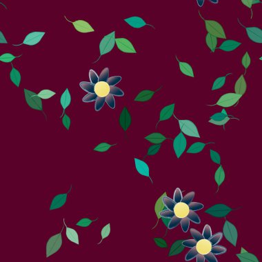 Serbest kompozisyonda yeşil yapraklı basit çiçekler, vektör illüstrasyonu