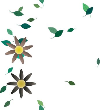 Basit renkli çiçekleri ve arka planda yeşil yaprakları olan güzel kompozisyon, vektör illüstrasyonu  