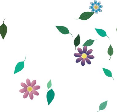 Basit renkli çiçekleri ve beyaz arkaplanda yeşil yaprakları olan güzel kompozisyon, vektör illüstrasyonu  