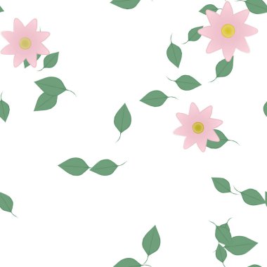 basit renkli çiçekleri olan serbest kompozisyon ve duvar kağıdı için yeşil yapraklar, vektör illüstrasyonu