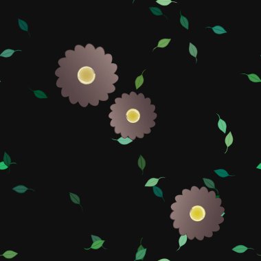 Serbest kompozisyonda yeşil yapraklı basit çiçekler, vektör illüstrasyonu