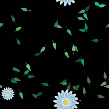 Basit renkli çiçekleri ve arka planda yeşil yaprakları olan güzel kompozisyon, vektör illüstrasyonu