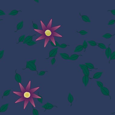 Serbest kompozisyonda yeşil yapraklı basit çiçekler, vektör illüstrasyonu