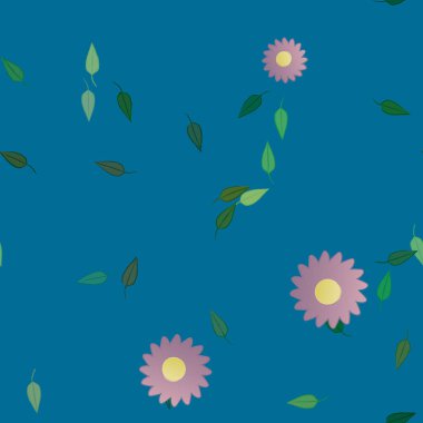 Serbest kompozisyonda yeşil yapraklı basit çiçekler, vektör illüstrasyonu