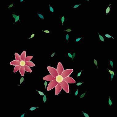 Basit renkli çiçekleri ve arka planda yeşil yaprakları olan güzel kompozisyon, vektör illüstrasyonu