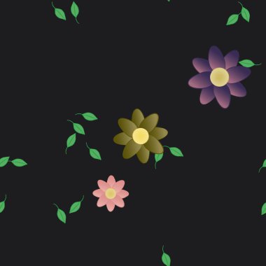 Serbest kompozisyonda yeşil yapraklı basit çiçekler, vektör illüstrasyonu