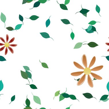 Basit renkli çiçekleri ve arka planda yeşil yaprakları olan güzel kompozisyon, vektör illüstrasyonu