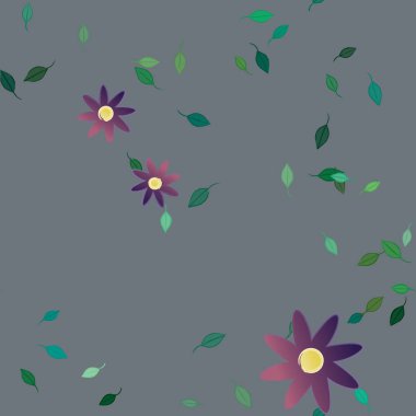 basit renkli çiçekleri olan serbest kompozisyon ve duvar kağıdı için yeşil yapraklar, vektör illüstrasyonu
