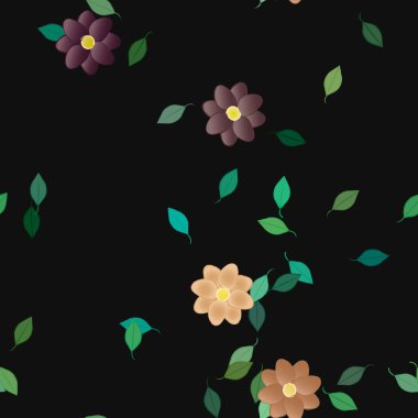 Serbest kompozisyonda yeşil yapraklı basit çiçekler, vektör illüstrasyonu