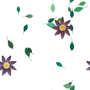 Basit renkli çiçekleri ve arka planda yeşil yaprakları olan güzel kompozisyon, vektör illüstrasyonu