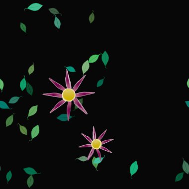 Serbest kompozisyonda yeşil yapraklı basit çiçekler, vektör illüstrasyonu