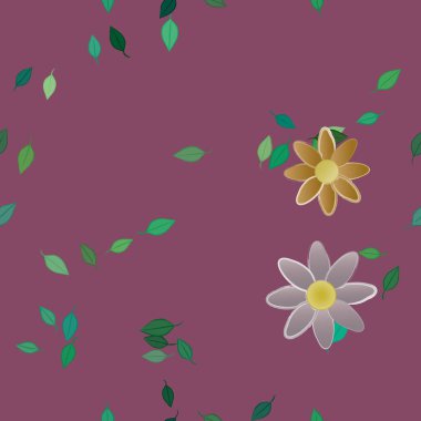 basit renkli çiçekleri olan serbest kompozisyon ve duvar kağıdı için yeşil yapraklar, vektör illüstrasyonu