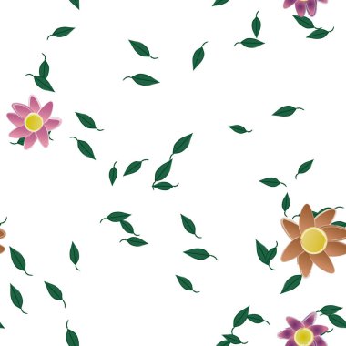 Basit renkli çiçekleri ve arka planda yeşil yaprakları olan güzel kompozisyon, vektör illüstrasyonu